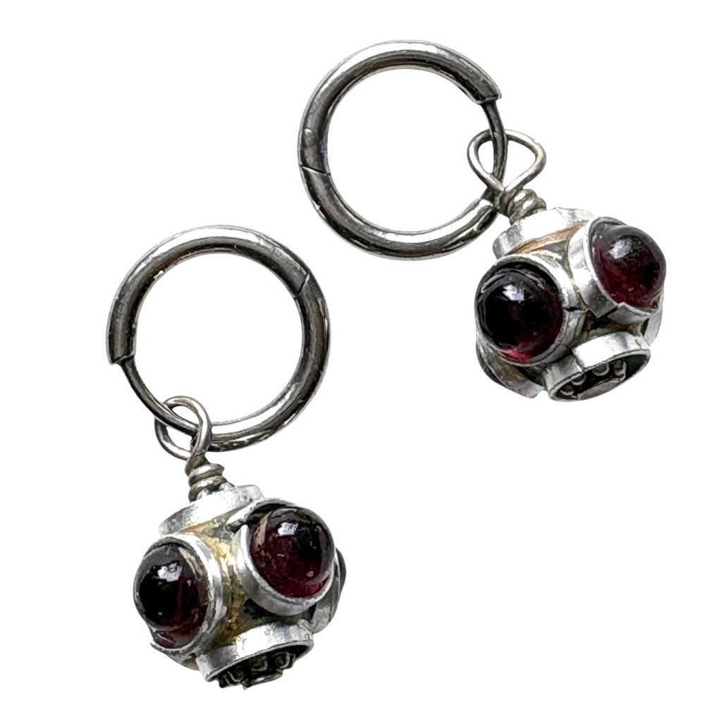 earrings vintage silver garnet 1.25" hanging hinged hoop 4g lightweight romantic